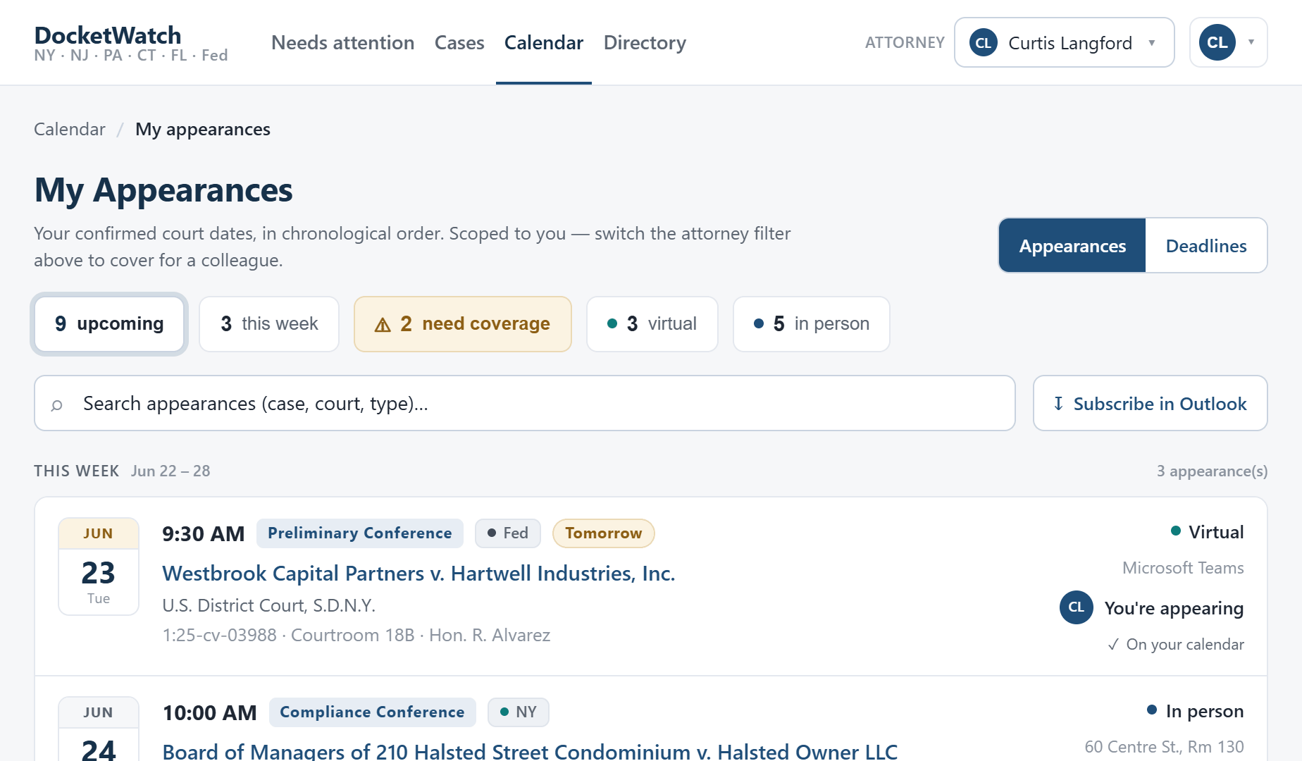 DocketWatch web calendar — My Appearances, a chronological list of upcoming court dates across jurisdictions with coverage flags, virtual and in-person modes, and a Subscribe in Outlook option