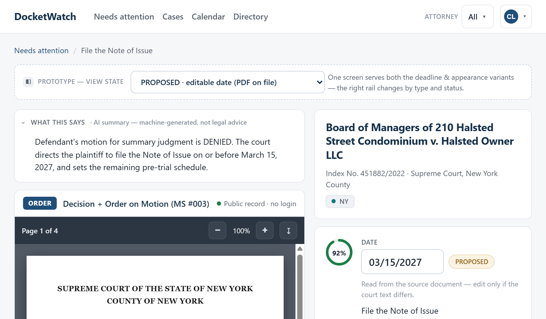 DocketWatch deadline detail — the captured court order shown beside the extracted date 03/15/2027, with a 92% confidence ring and a PROPOSED status