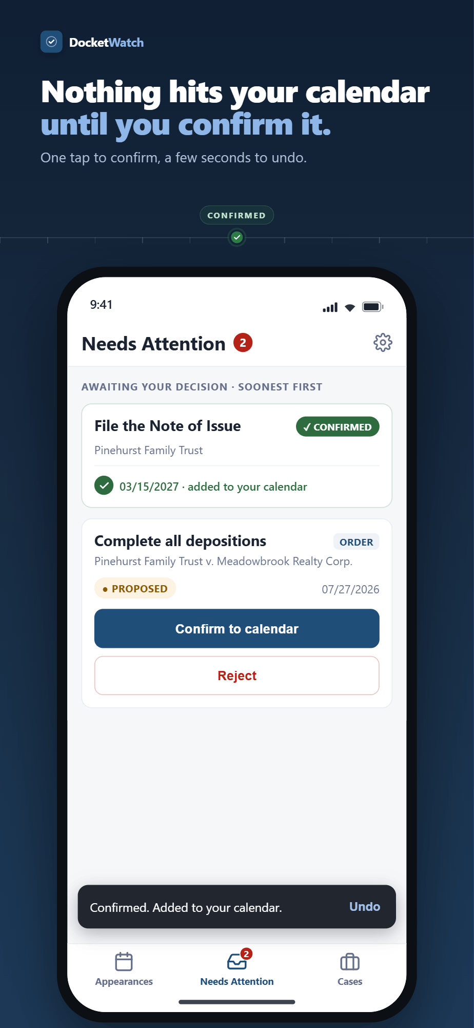 Marketing panel — Nothing hits your calendar until you confirm it, showing the Needs Attention screen with a confirmed item and an undo toast