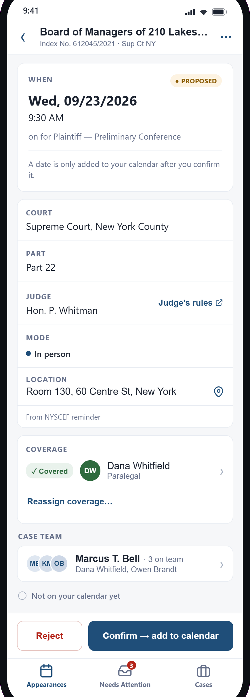 DocketWatch iOS app — a full court-appearance detail showing date, court, judge, mode and coverage, with a Confirm and add to calendar button