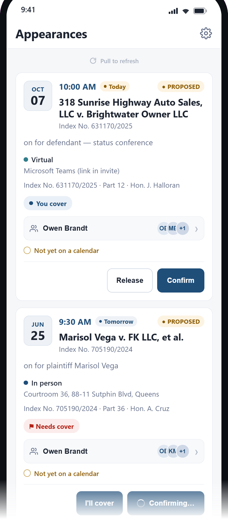 DocketWatch iOS app — the Appearances list, each card showing date, time, mode and coverage