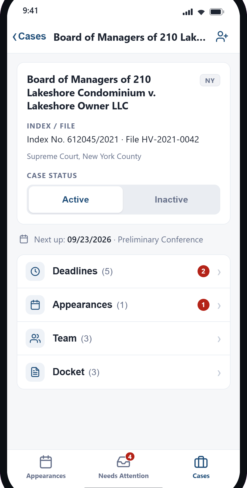 DocketWatch iOS app — the case hub for a matter, with deadlines, appearances, team and docket one tap away