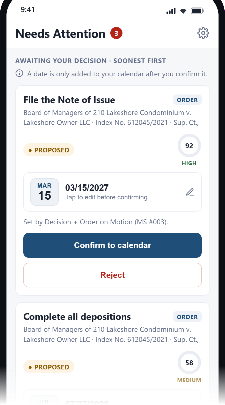 DocketWatch iOS app — the Needs Attention triage screen with proposed deadlines awaiting confirmation